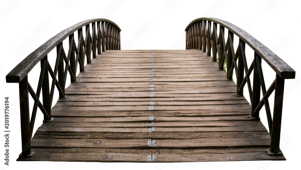 Fototapeta premium Wooden arched garden bridge with dark railings, isolated on transparent background