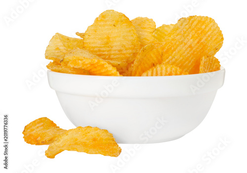 Εκτύπωση καμβά White bowl of crinkle cut potato chips, wavy ridged chips isolated on transparen