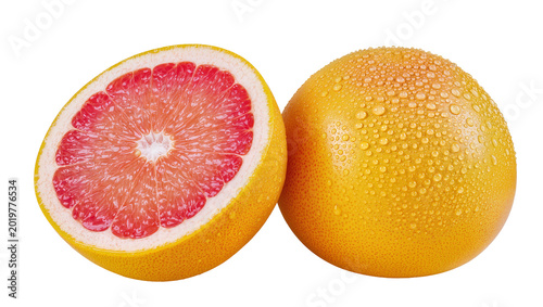 Fresh pink grapefruit half and whole fruit with water droplets, isolated on transparent background