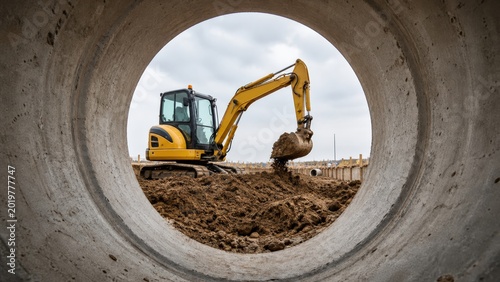 Yellow excavator digs brown earth at active infrastructure construction site viewed through circular concrete pipe creating creative frame perspective