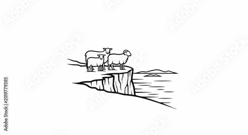 Three sheep stand on a cliff edge overlooking the water