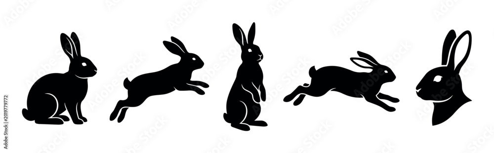 Obraz premium Five black rabbit silhouettes in various poses including sitting, jumping, and standing, creating a versatile graphic illustration for design projects.