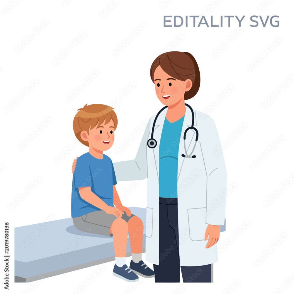 Fototapeta premium Pediatrician reassuring child patient, medical exam illustration