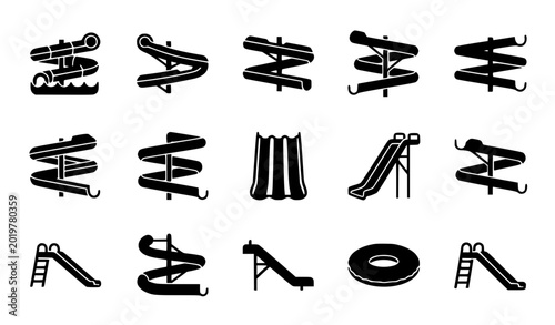 Foto Minimal black water slide aquapark icon set vector illustration