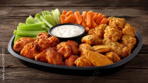 A vibrant tray of assorted buffalo wings sits on a rustic wooden table, surrounded by crisp celery sticks and crunchy carrot strips. Perfect for parties or game nights