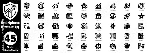 Photos Smartphone investment app icon set with 45 solid editable stocks.