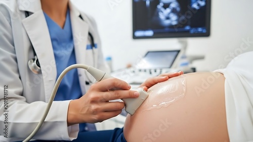 Pregnant woman getting ultrasound scan.