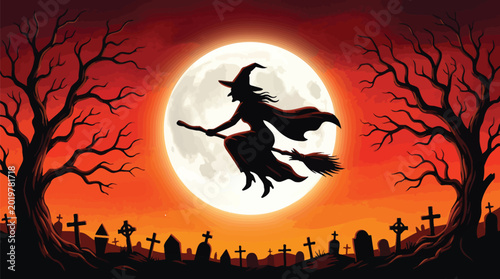 Bild auf Leinwand witch silhouette flying on a broom against a full moon