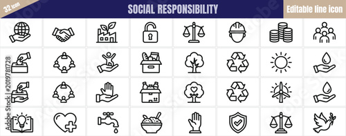 Set of 32 social responsibility line icons, vector illustration
