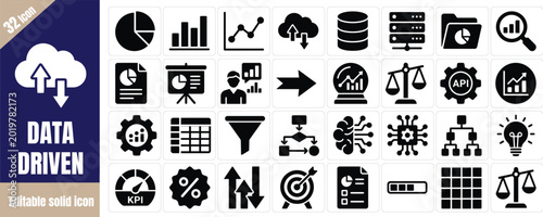 Fotografija Set of 32 data driven icons, business and analytics solid icons