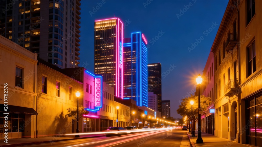 Fototapeta premium Neon lit city street at night