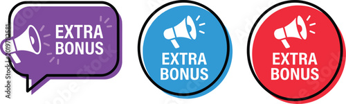 Schilderij op canvas Extra Bonus Icon Set with Megaphone and Speech Bubble in Purple, Blue, and Red Colors for Promotions and Offers