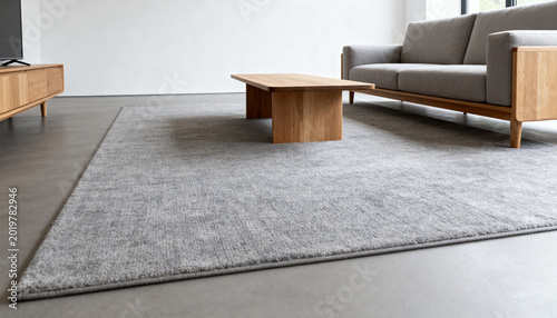 modern scandinavian living room with a neutral gray area rug and better minimalist oak furniture featuring huge empty white walls for professional commercial copy space