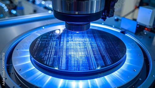 Blue Silicon Wafer Under Precision Inspection in Advanced Semiconductor Laboratory