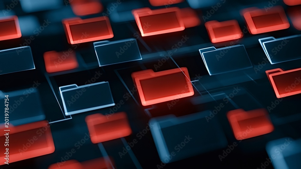 Fototapeta premium Network of glowing red and blue digital folders representing data security threats, cyber attack, and information danger during a hacking incident in a connected system