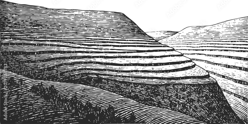 Fototapeta premium Terraced hills engraving