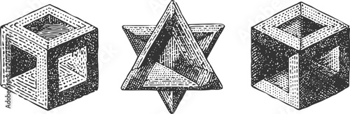 impossible geometric shapes engraving set optical illusion cubes and star polyhedron vintage hand drawn sketch monochrome art