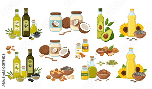 Foto Natural vegetable fats and cooking oils vector set with healthy organic ingredie