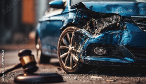 Modern blue car accident with damage visible on front side, set against a blurred urban background with a gavel in the background symbolizing legal consequences