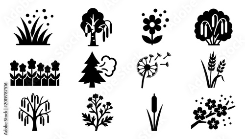 Canvastavla Pollen Producing Plants and Allergy Botanical Silhouette Icons Set