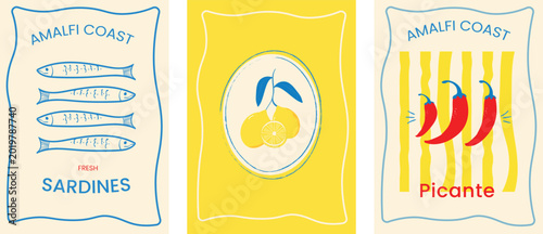 Mediterranean food card set with sardines lemons and chili peppers in Amalfi Coast style