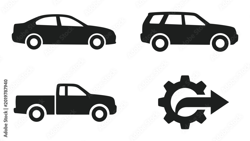 Naklejka premium Automotive vehicle icons collection featuring a sedan SUV pickup truck and a gear service symbol