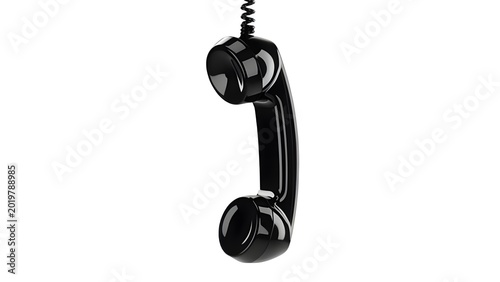 A classic black rotary telephone handset hanging vertically by its coiled cord against a stark white background