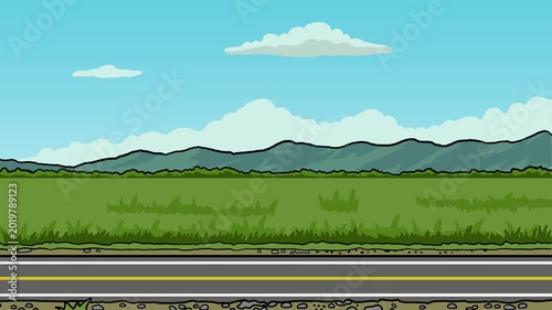 landscape animation of road, rice field and mountain in side view. for transportation background animation. old school japan anime style