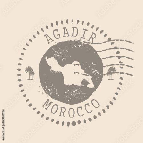 Stamp Postal Agadir is city of Morocco. Map Silhouette rubber Seal.  Design Retro Travel. Seal of Map Agadir grunge  for your design.  EPS10