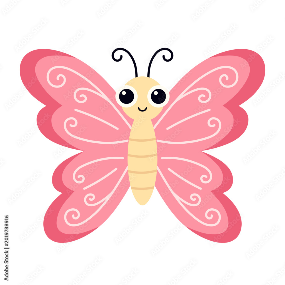Fototapeta premium Stylized pink butterfly vector with decorative swirls. Cute insect icon for children's stickers, kids design, nursery decor, prints and invitations. Flat illustration isolated on white background.