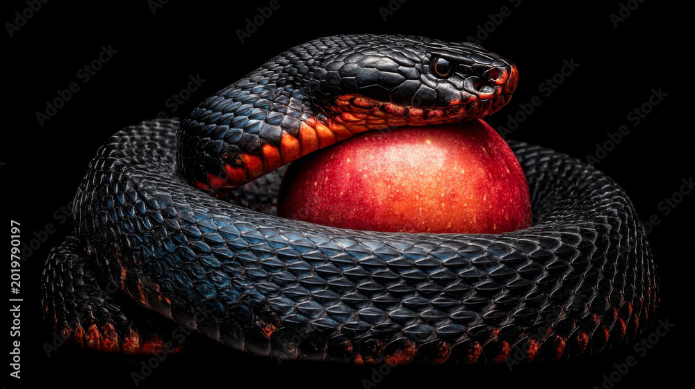 Obraz premium Black snake coiled around red apple representing temptation