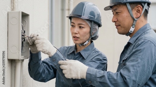電気設備の端子接続を確認する日本人女性の電気工事士。指導員が同行する若手育成のOJTイメージ