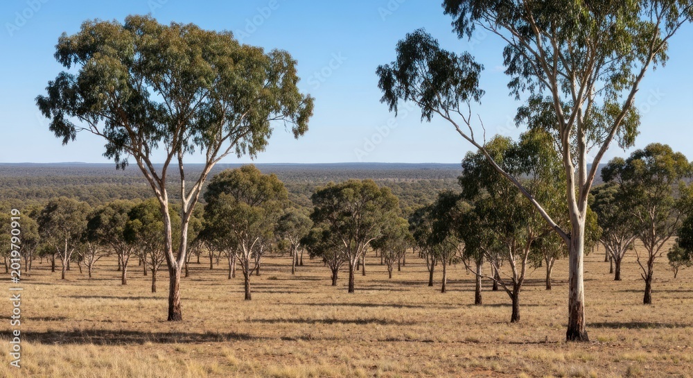 Fototapeta premium Panoramic shot of trees sparsely dotting a field with a distant line of trees under blue skies