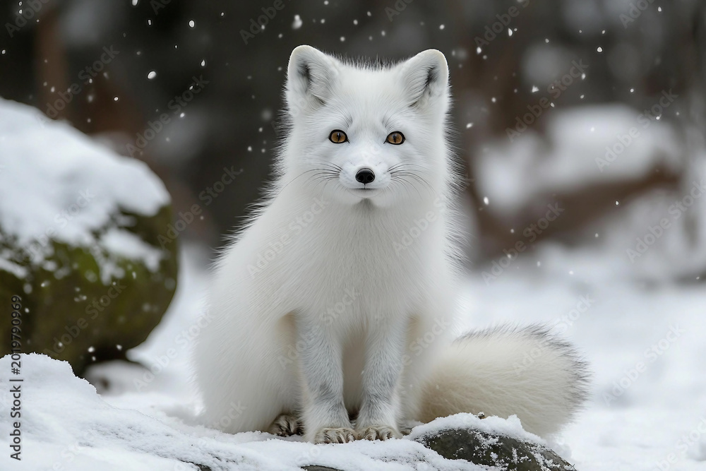 Naklejka premium Arctic fox resting peacefully on snow-covered ground during winter daylight in the wild, generative ai
