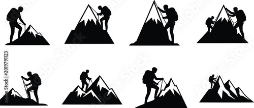 Bild auf Leinwand Mountain climber silhouette vector set featuring hikers ascending peaks line art illustration