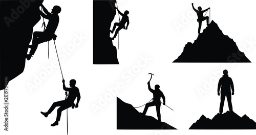 Foto Rock climbing silhouettes of people on cliffs with ropes and mountaineering equipment set