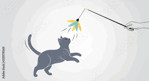 Bild auf Leinwand Cat playing with feather toy, vector illustration