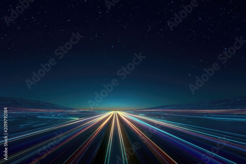 A vibrant, abstract digital artwork shows streaks of light resembling a highway vanishing toward a bright horizon. A starry night sky