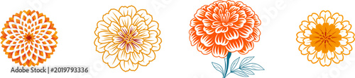 A vibrant Mexican Marigold Flower in flat 2D vector art showcases a dense circular design with geometric layered petals in saturated orange, deep red, and white hues against a symmetrical top view