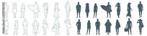 Tableau sur toile Architecture CAD elevation elements of men and women in summer beachwear in line