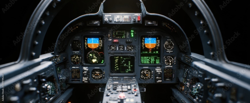 Fototapeta premium The cockpit instruments and controls of a modern fighter jet are a pilot’s command orchestra.