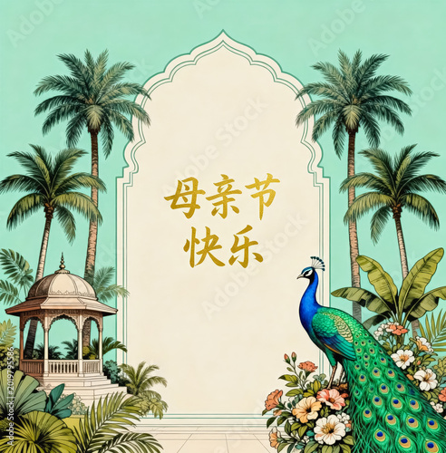 A vintage tropical garden themed greeting card for Mother's Day, featuring a peacock, palm trees, floral decor and an arched pavilion backdrop with golden holiday text.