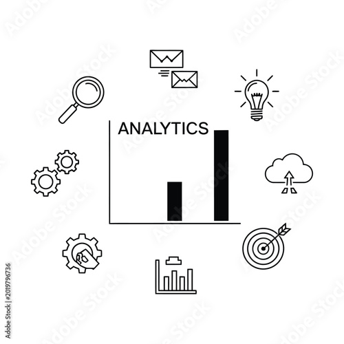 Business analytics concept with bar chart, search, gears, cloud, target, lightbulb, and communication icons.