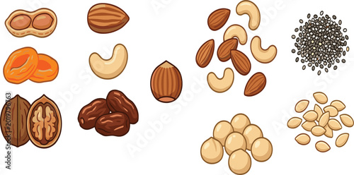 Foto Healthy Nuts and Seeds Food Illustration Collection Featuring Almond Cashew Waln
