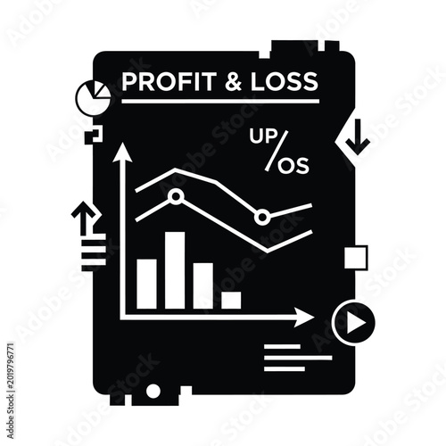 Black and white illustration of a profit and loss statement with charts and graphs, symbolizing financial analysis and business performance.