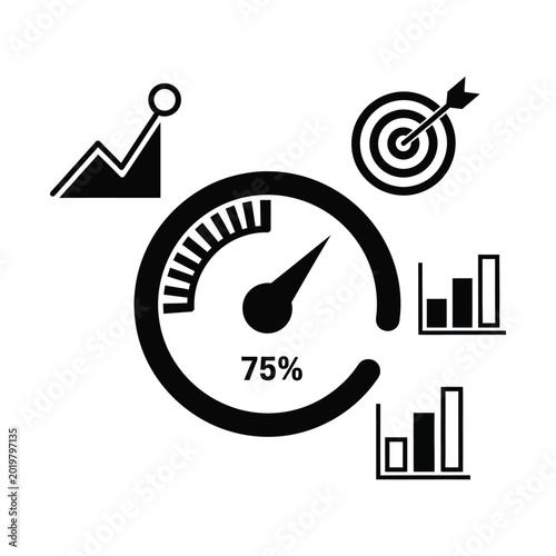 Black and white icons representing business performance, data analysis, growth, and target achievement, with a central gauge showing 75% progress.