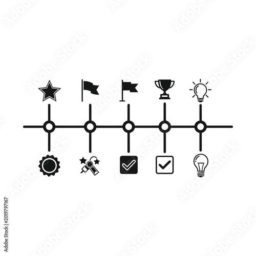Horizontal timeline with various icons representing progress, goals, achievements, and ideas, illustrating a journey or project stages.