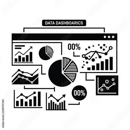 Black and white icon illustration of data dashboards with various charts and graphs for business analytics and reporting.