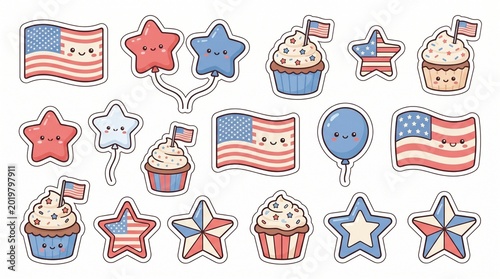 Cute Kawaii American Stars and Stripes Flag Cupcakes and Balloons Stickers
