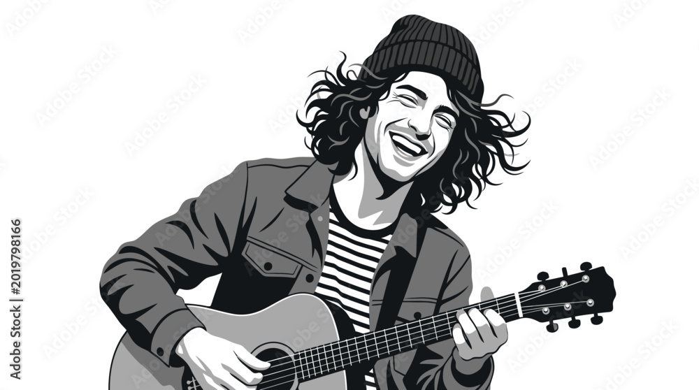 Fototapeta premium Joyful Musician Playing Guitar, Smiling with Instrument
